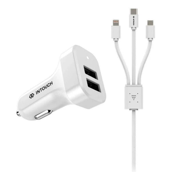 INTOUCH Dual USB Car Charger with 3-in-1 Cable - White (IT-CLD3084-WH)