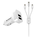 INTOUCH Dual USB Car Charger with 3-in-1 Cable - White (IT-CLD3084-WH)