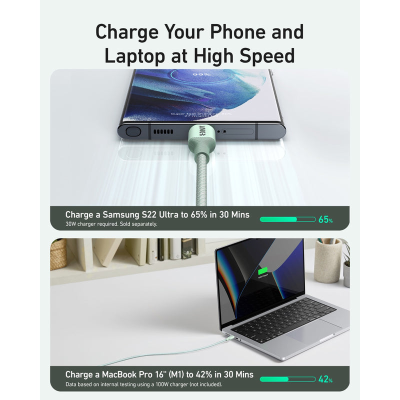 Anker 544 Bio-Based USB C-USB C Cable Fast Charging 140W 0.9M Cable - Green (A80F5H61)