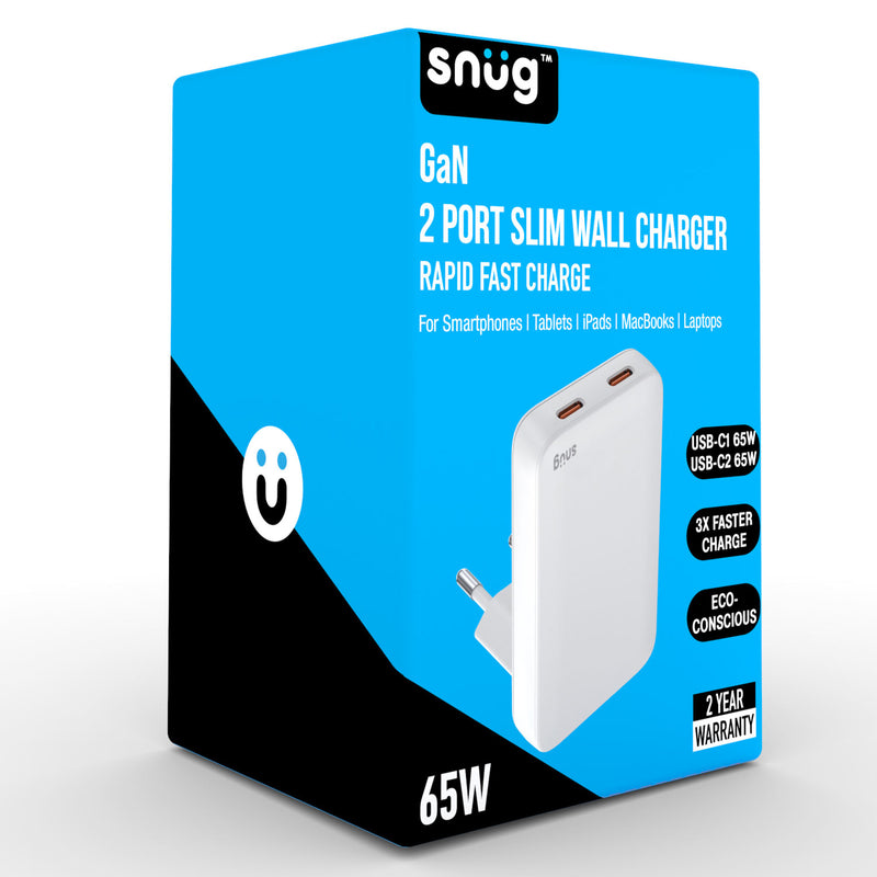 Snug 2 Port PD GaN Slim Wall Charger 65W - White (SNPW-2SLIM65-WH)